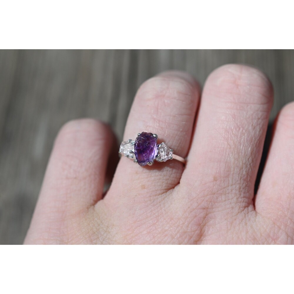 Amethyst and rose quartz raw stone rings size 3 4 5 6 7 8 9 10 11 12 13